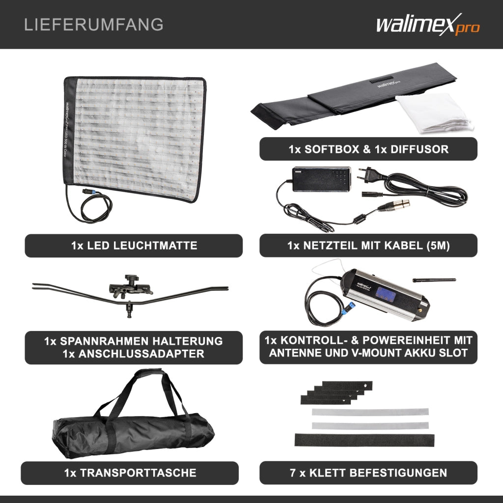 Flex 500 LED Set Pannello luminoso a LED bicolor con softbox con diffusore frontale, lampada da 50 W, 1.995 Lux/1m, luce fotografica dimmerabile, accessori fotografia