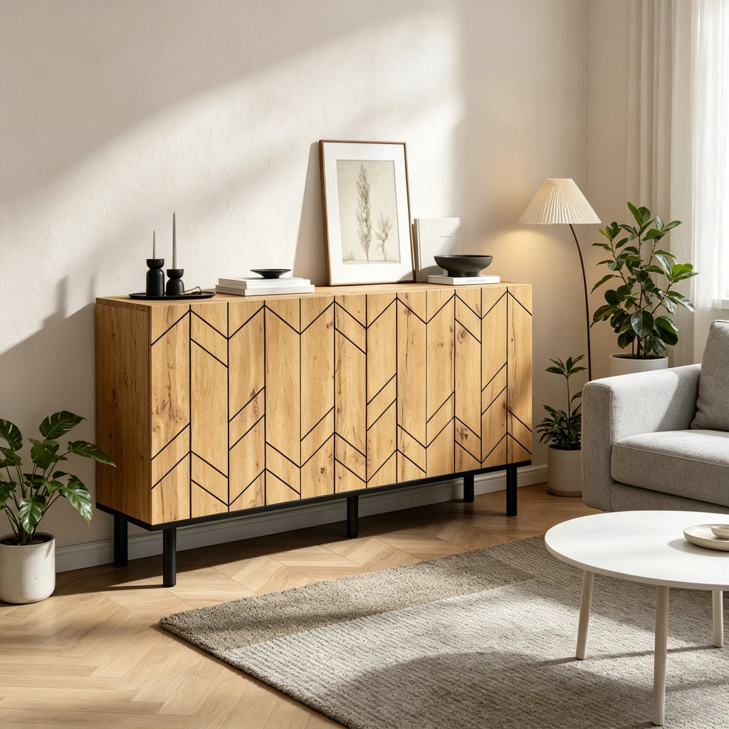 Credenza con 3 ante e frontale effetto ondulato; in truciolato e gambe in metallo; per soggiorno; 120 × 35 × 70 cm