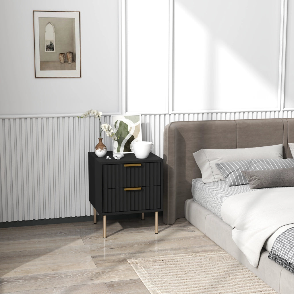 Comodino con 2 cassetti ¨C Xylo ¨C nero, piedi in acciaio, design moderno