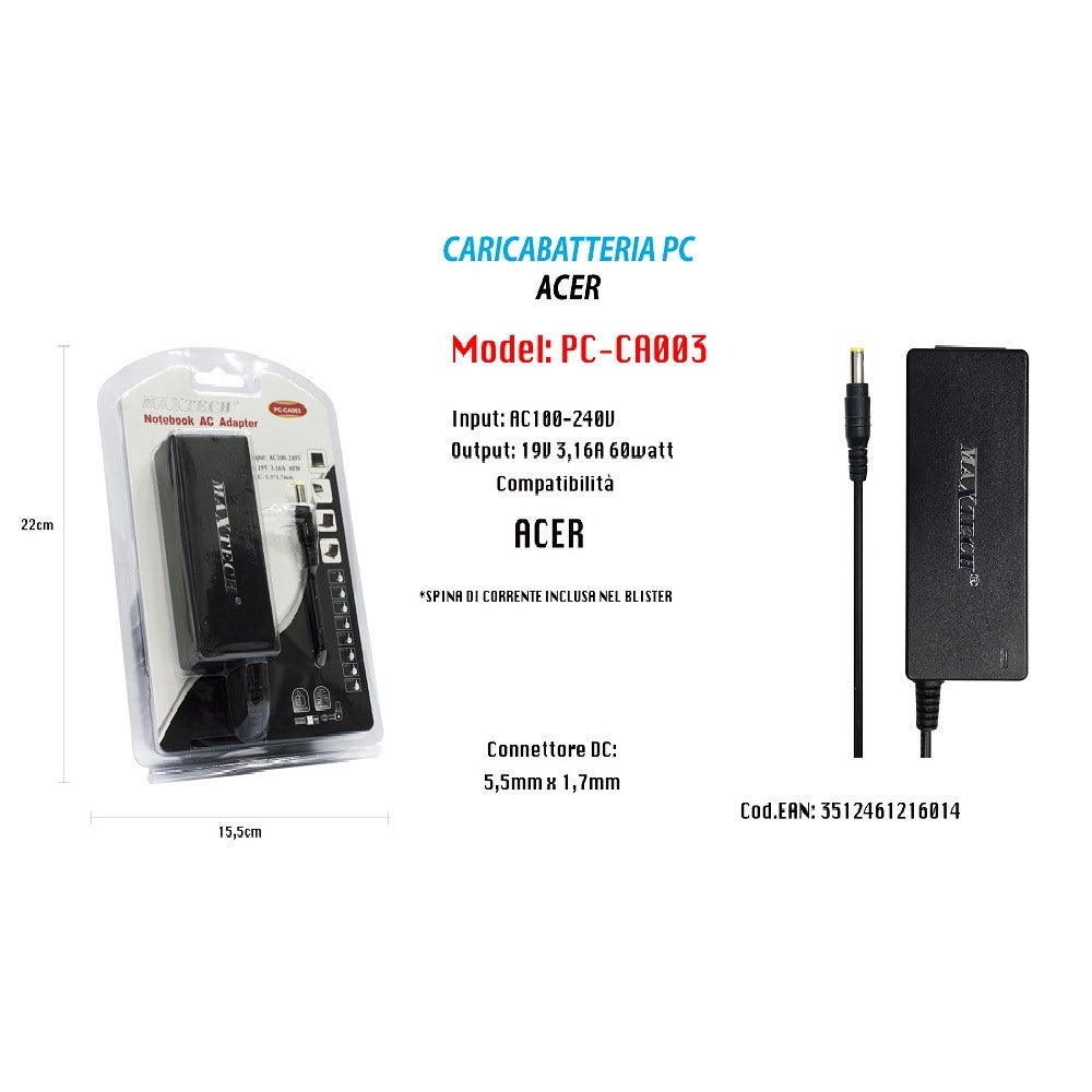 Trade Shop - Alimentatore Caricabatteria Per Pc Notebook Acer 19v 3,16a 60w Maxtech Pc-ca003 -