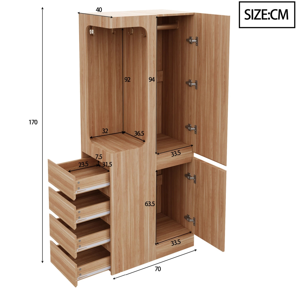 Armadio con 1 porta, 4 cassetti e vano appendiabiti aperto, per camera da letto, in legno, naturale 70 × 40 × 170 cm