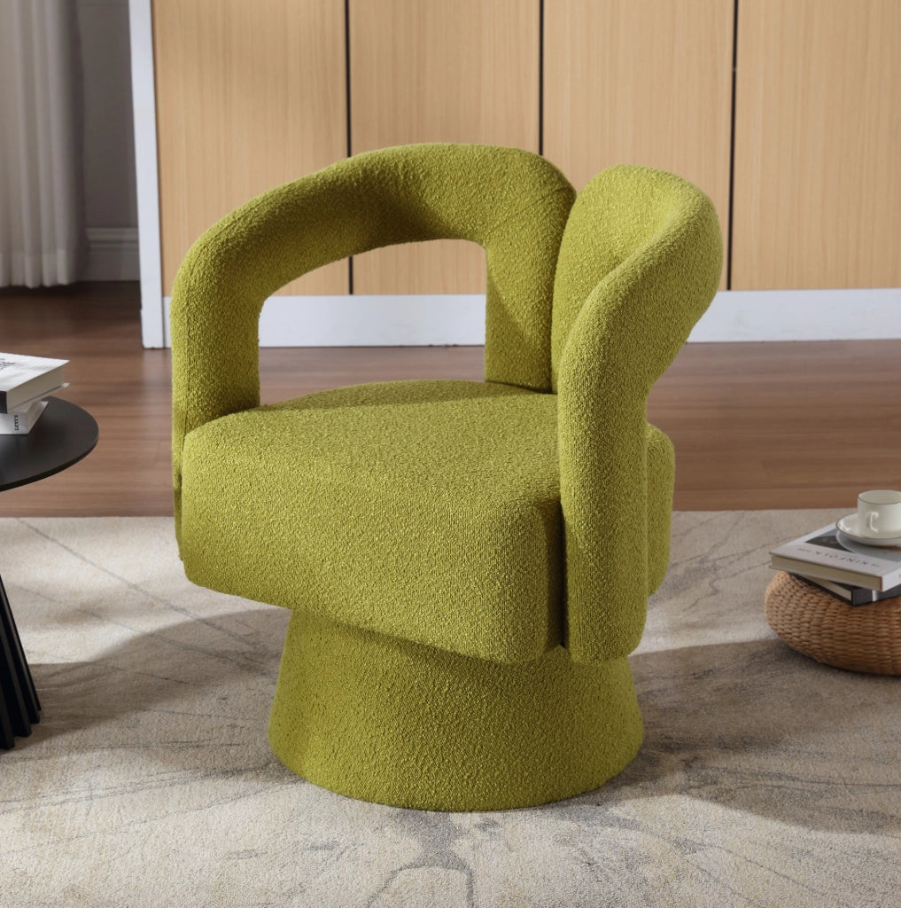 Poltrona girevole a 360° in tessuto bouclé verde oliva