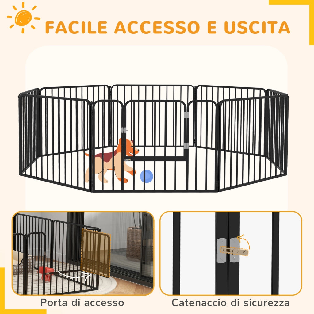 Recinto per Cani a 8 Pannelli Modulabili 164x164x60 cm da Interno ed Esterno in Acciaio Nero