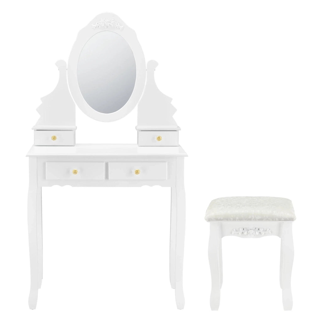 Toletta con specchio 4 cassetti sgabello MDF e legno 141 cm bianco 03_0001499