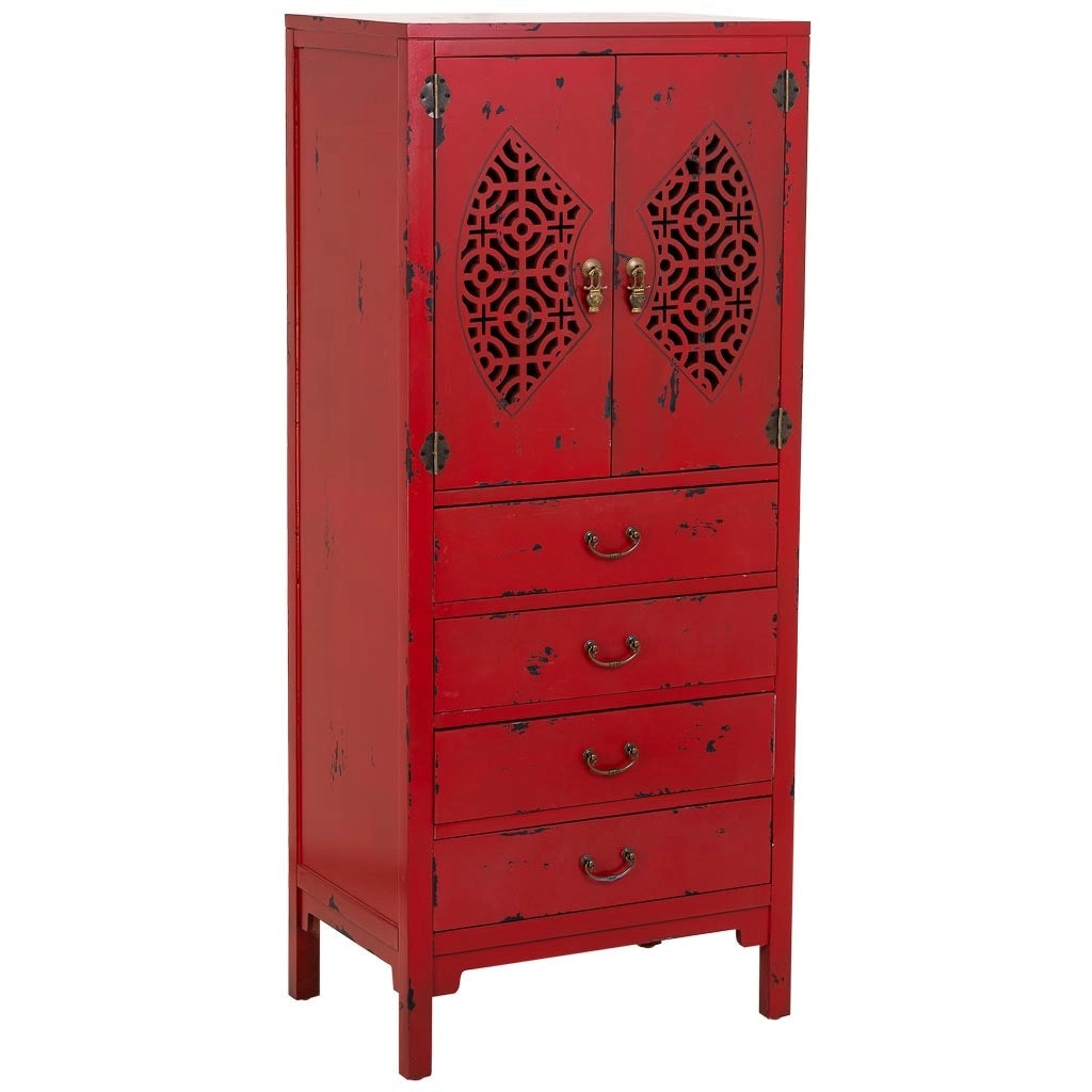Mobiletto in legno con 4 cassetti e 2 ante rosso 60x40x140h cm