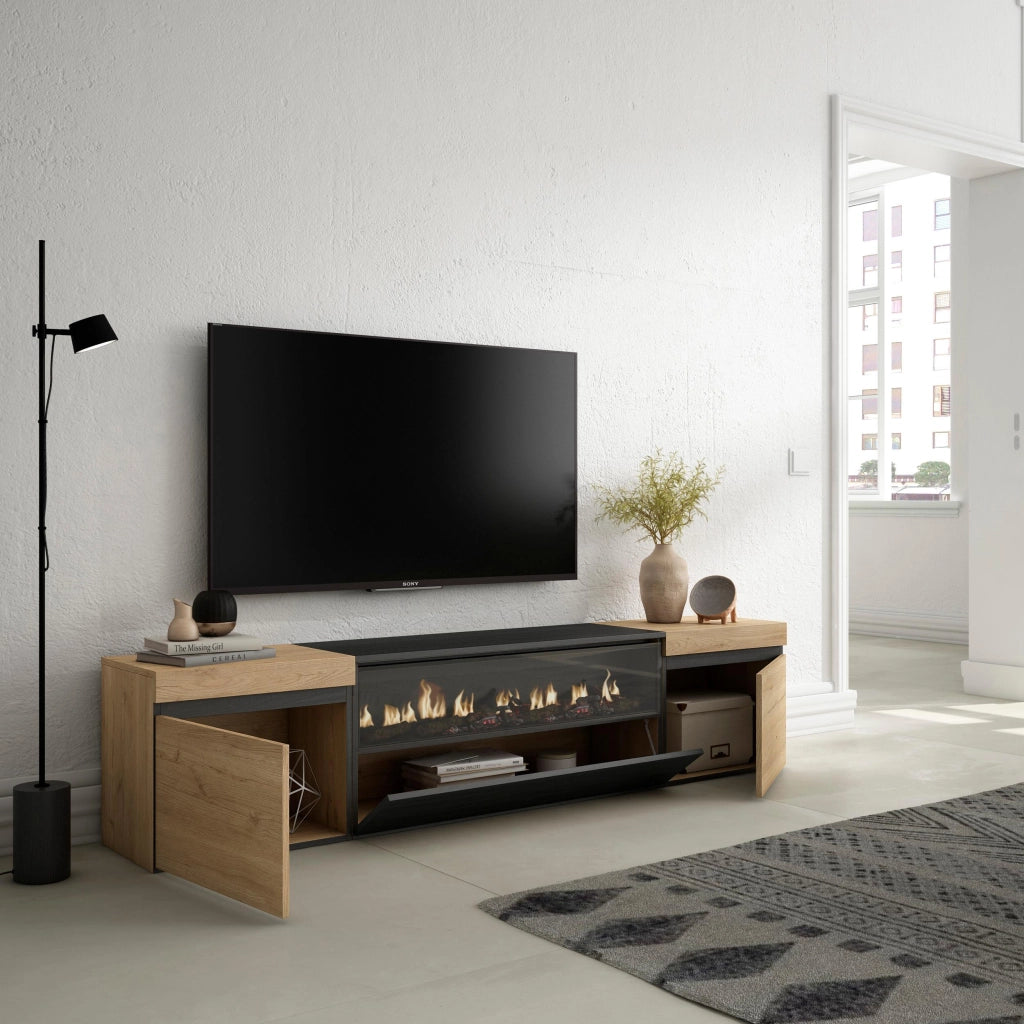 Mobile TV, 200x35x45cm, soggiorno, Per TV fino a 80", Camino elettrico, colore Rovere e nero RF2259