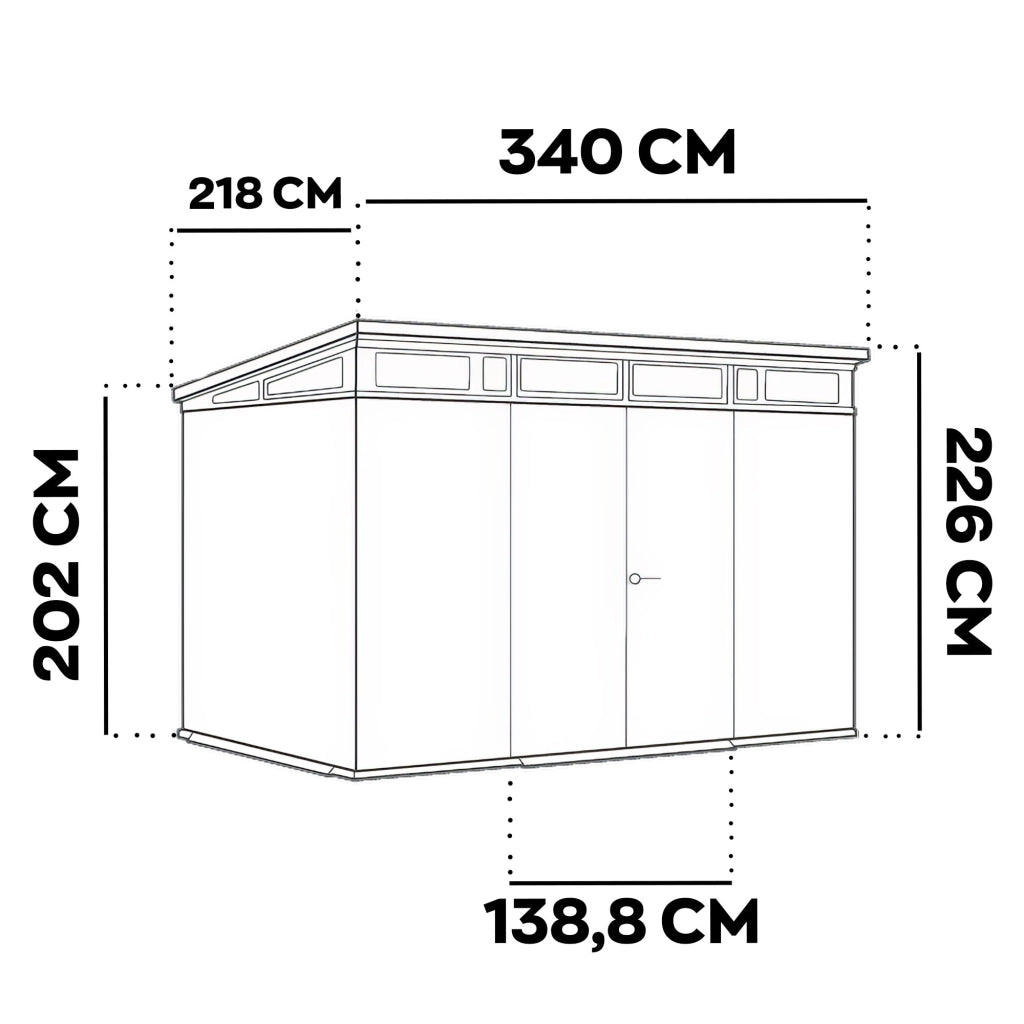 Pent 11x7 - Casetta da Giardino 342x226x218 cm 2 Ante per deposito attrezzi finitura effetto legno Evotech+ in Resina Marrone e Nero