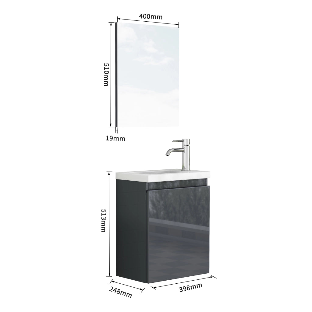 Mobile bagno con lavabo in ceramica e specchio; sospeso; senza maniglie con chiusura ammortizzata; in MDF; grigio