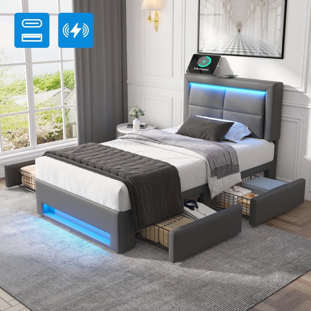 Letto imbottito 90x190 cm con USB, illuminazione LED e 4 cassetti, senza materasso, colore grigio