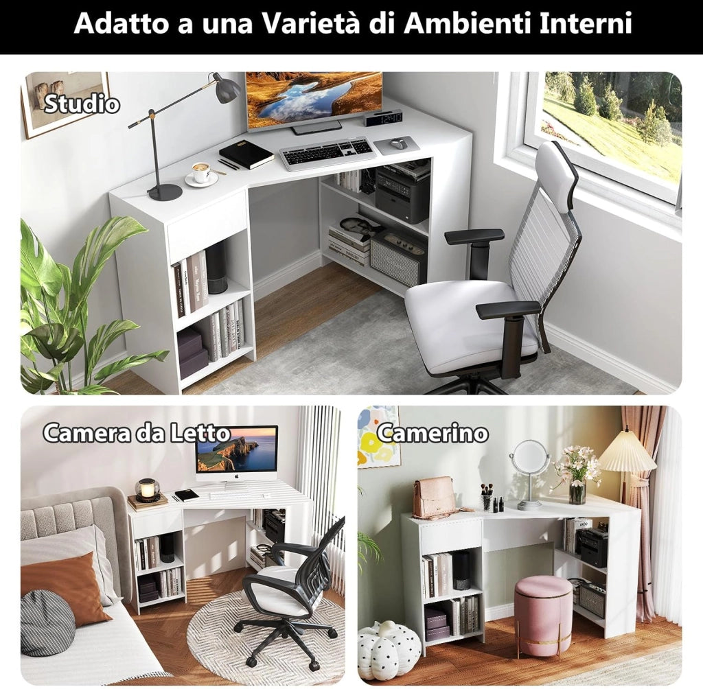 Scrivania ad Angolo per Computer 120 x 60 cm, Scrivania a Forma di L con Ripiani e Cassetto, Scrivania Angolare Gaming Salvaspazio per Ufficio, Studio e Cameretta, Bianco