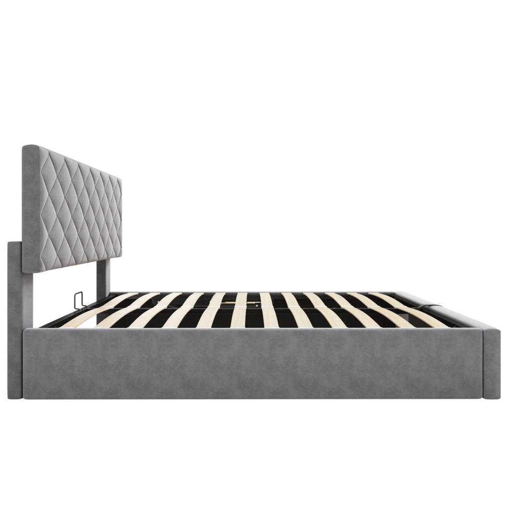 Letto imbottito matrimoniale con contenitore e sollevamento idraulico 140x200 cm; velluto grigio