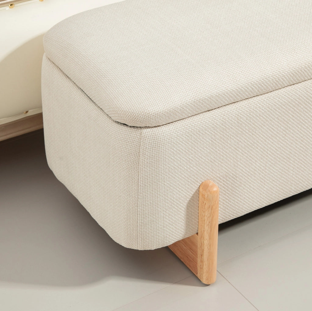 Panca contenitore imbottita beige con gambe in faggio