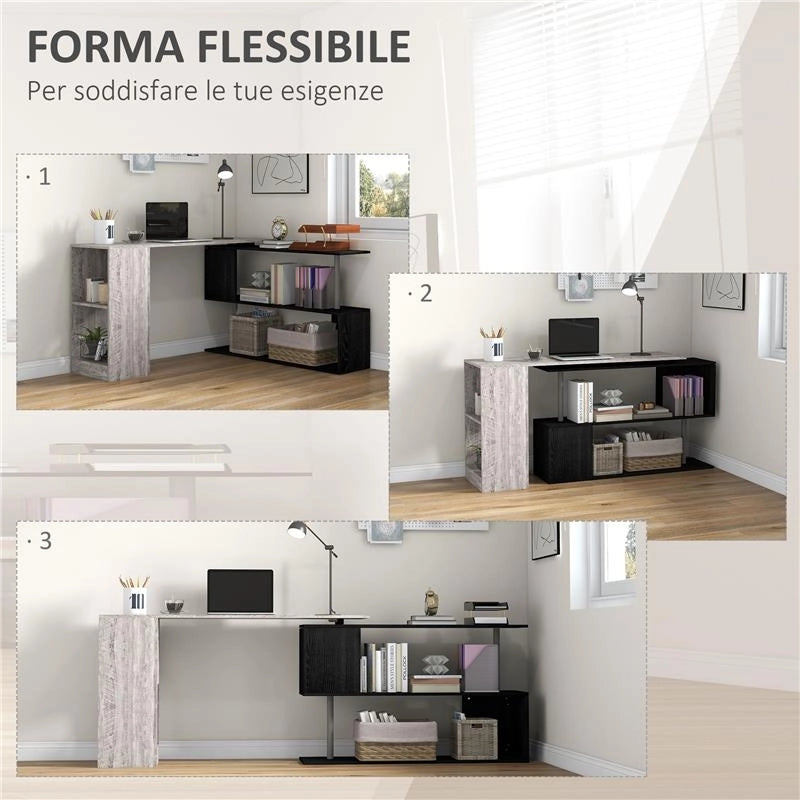 SCRIVANIA ANGOLARE SALVASPAZIO CON RIPIANO A S, IN LEGNO, 140X120X78 CM, GRIGIO EFFETTO LEGNO
