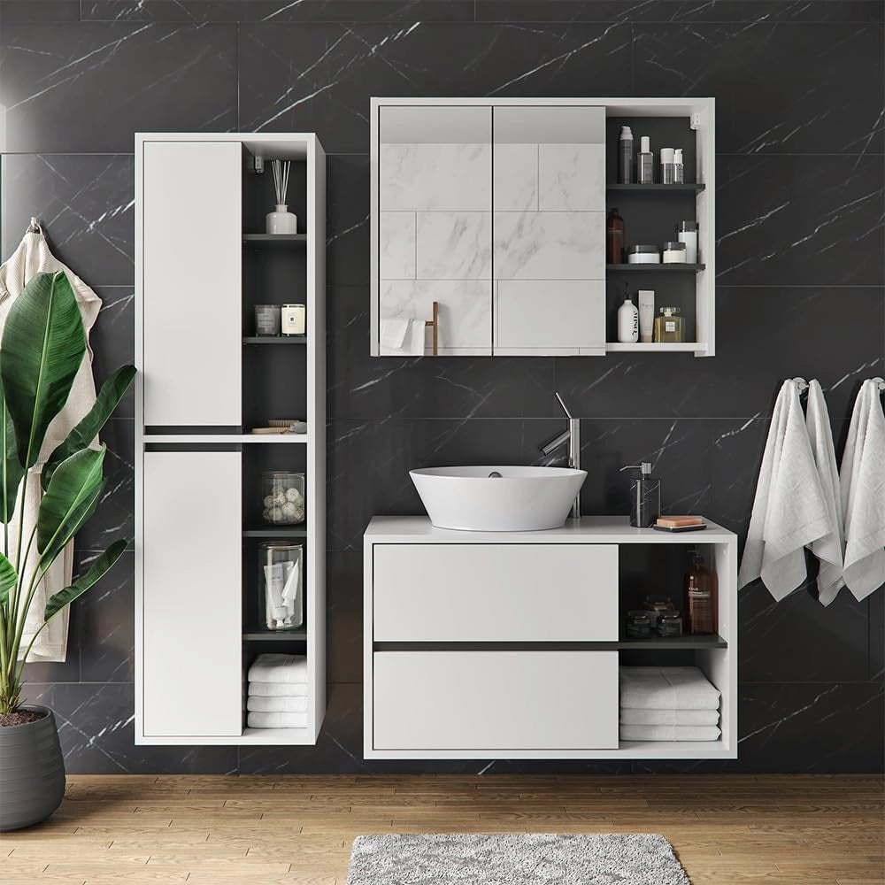 Set mobili bagno Viola, Bianco, 100 cm, composto da mobile sottolavabo, specchiera e colonna alta