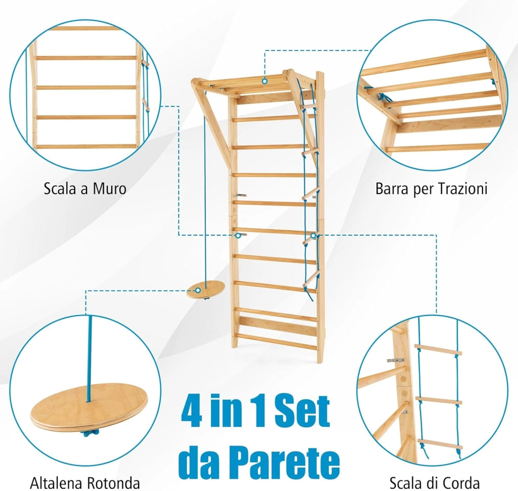 Spalliera Svedese in Legno, Scala Svedese Adulti e Bambini con 13 Barre, Scala a Corda e Trapezio Rotondo, Spalliera per Fitness e Fisioterapia da Palestra e Casa, Portata 100 kg