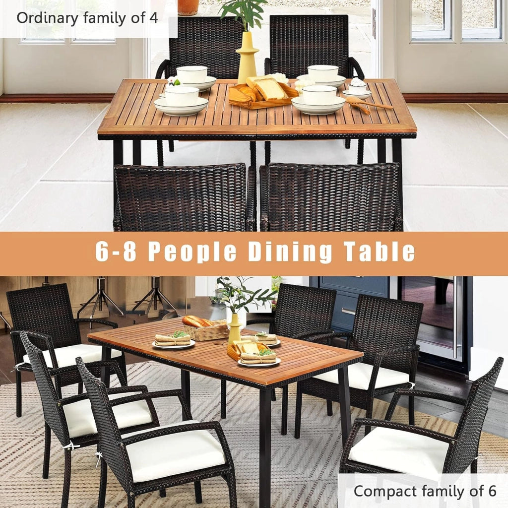 Tavolo da Pranzo in Legno di Acacia Rettangolare, Tavolo da Giardino con Foro per Ombrellone in Design Industriale,140 x 75 x 76 cm