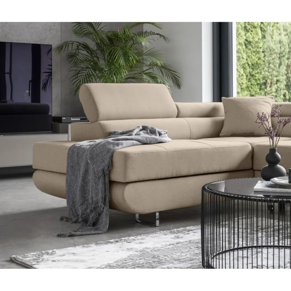 Divano angolare trasformabile MENTON beige in velluto – Angolo sinistro con baule