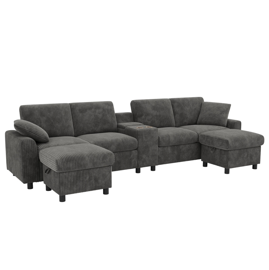 Divano a U in velluto a coste grigio con 2 pouf contenitore; tavolino e porte USB/Type-C