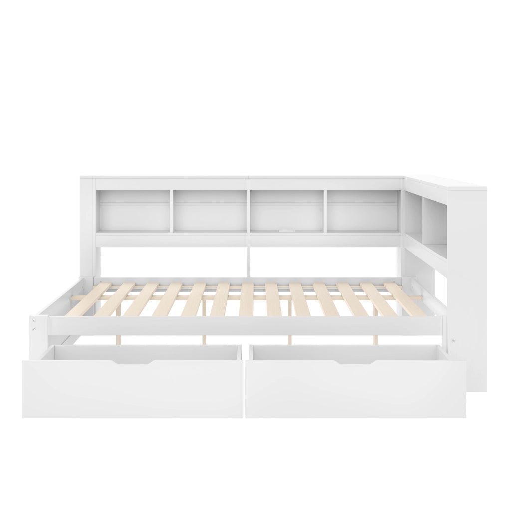 Divano letto 140 x 200 cm bianco con rete a doghe; 2 cassetti e prese USB