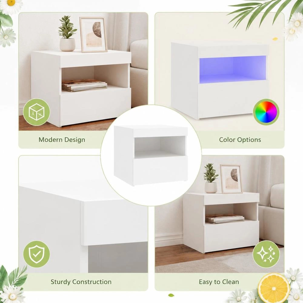 Bedside Table With LED Lights, White, 50x40x45 Cm