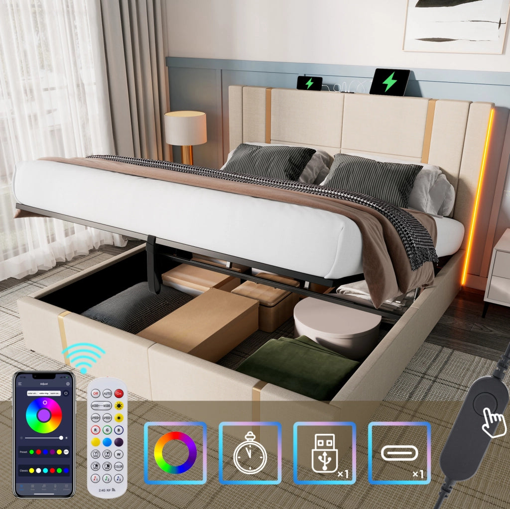 Letto matrimoniale 180x200 cm con contenitore; LED RGB e USB-C; tessuto beige