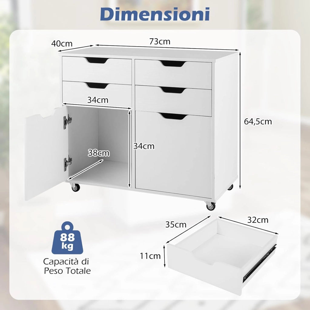 Cassettiera da Ufficio con 4 Cassetti e 2 Ante, Armadietto da Studio in Legno con 5 Ruote Universali, Mobile Porta Stampante Salvaspazio, per Soggiorno, 73 x 40 x 64,5 cm, Bianco (Bianco)