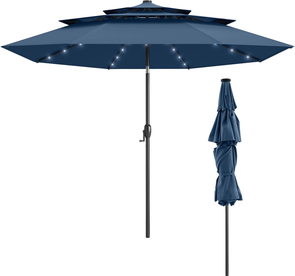 Ombrellone da Giardino con 32 Luci LED, Pannelli Solari e Manovella, Ombrellone Parasole da Patio 313cm Inclinabile con 8 Osse, per Balcone, Spiaggia, Piscina, Base Non Inclusa