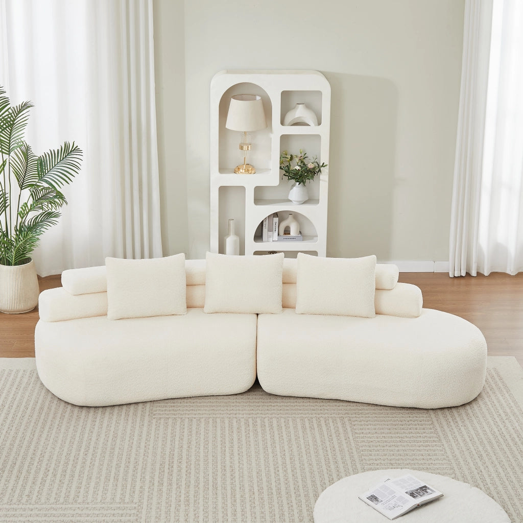 Divano modulare curvo 2 pezzi in ciniglia beige con 3 cuscini schienale