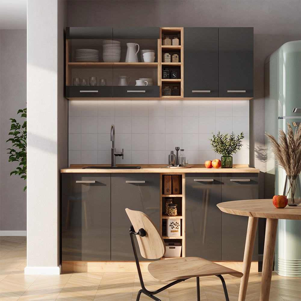 Vicco Cucina completa Antracite lucido/oro power oak 160 cm senza piano di lavoro