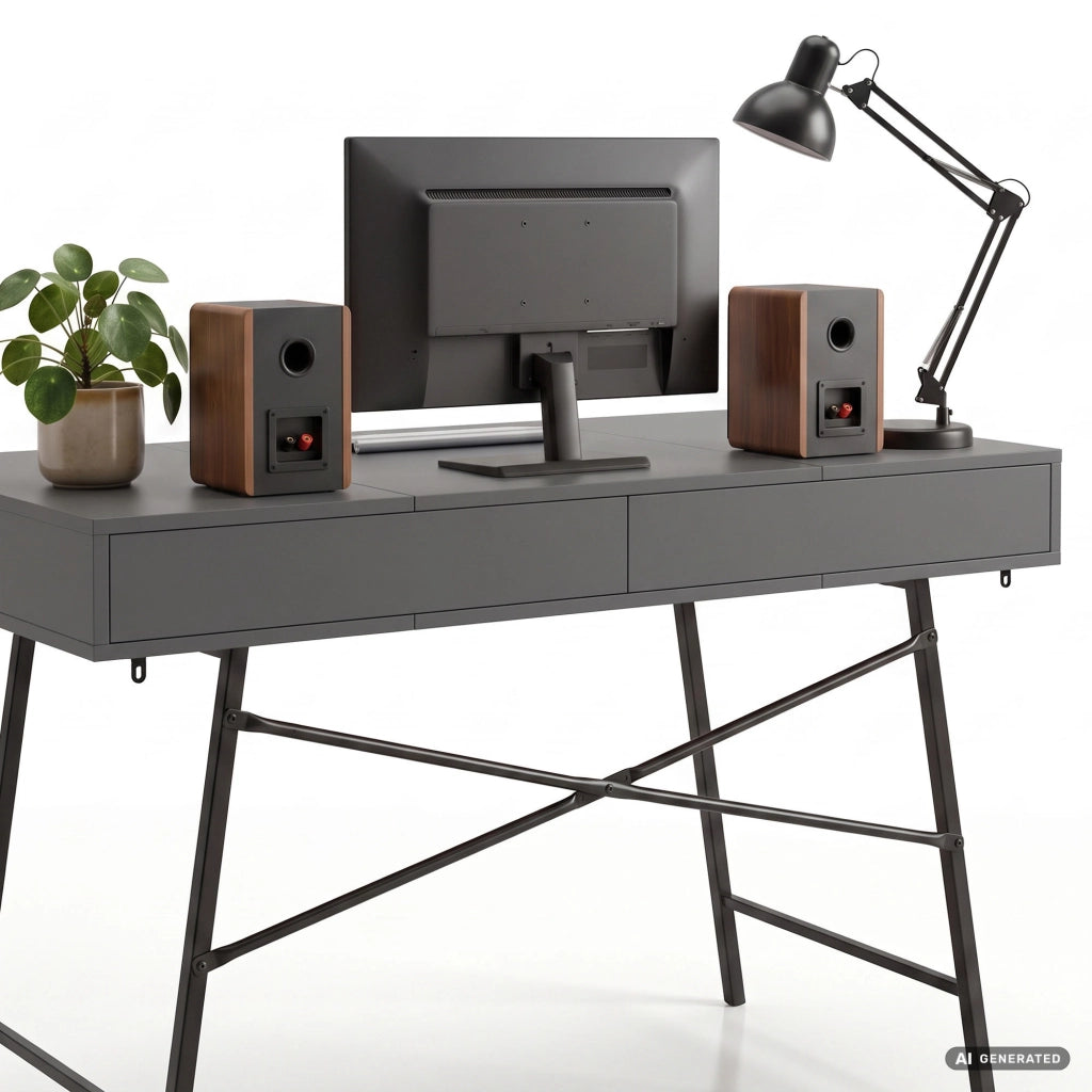 Scrivania industriale per computer Grafite ARDEN 120 cm 2 cassetti 1 ripiano gambe nere