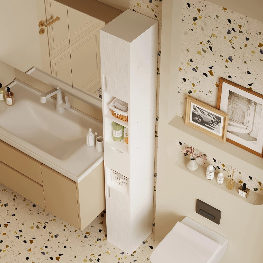 Scaffale da bagno a colonna stretta, bianco, da appoggio, 1 cassetto, pratico, in stile loft