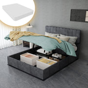 Letto Imbottito Moderno 140x200 cm con Testiera Morbida e Base Contenitore Grigia