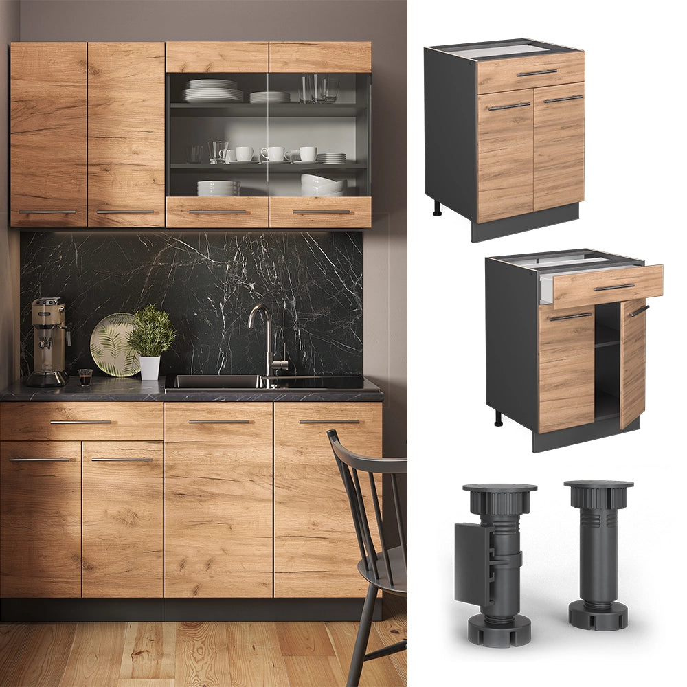 Mobiletto base per cucina Fame-Line Rovere dorato/Antracite 60 cm con cassetto, PL Antracite Vicco