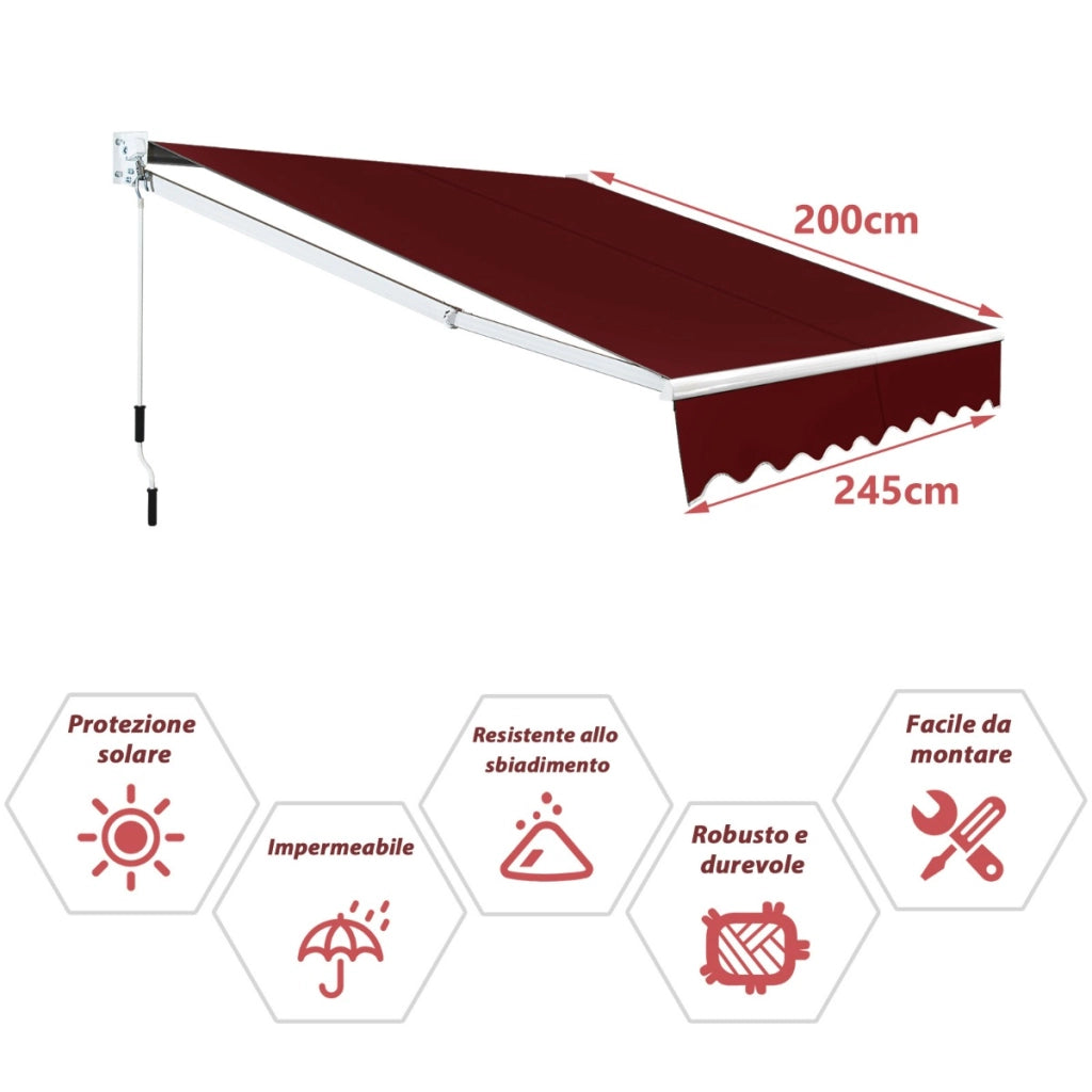 Tenda parasole in alluminio con manovella e poliestere impermeabile, Tenda da sole retrattile 245x200cm Rosso-Tende parasole