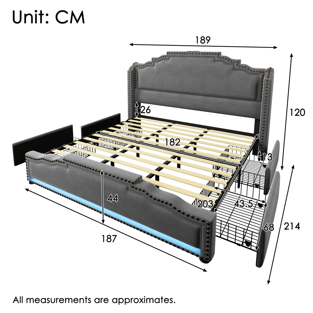 Letto matrimoniale in velluto grigio 180x200 4 cassetti LED USB-C doghe