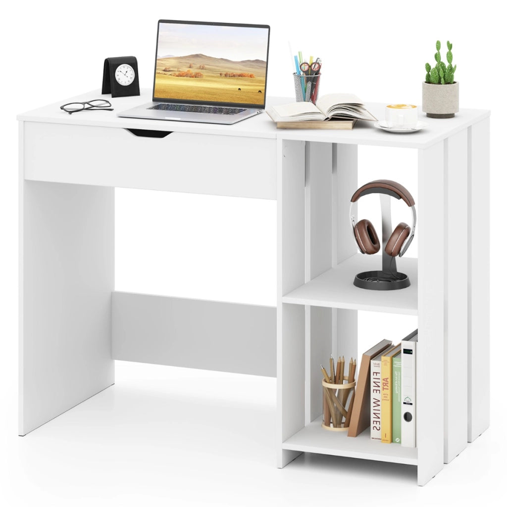 Scrivania per computer con piano sollevabile-Scrivania moderna per laptop con scomparto nascosto e 2 ripiani aperto Bianco