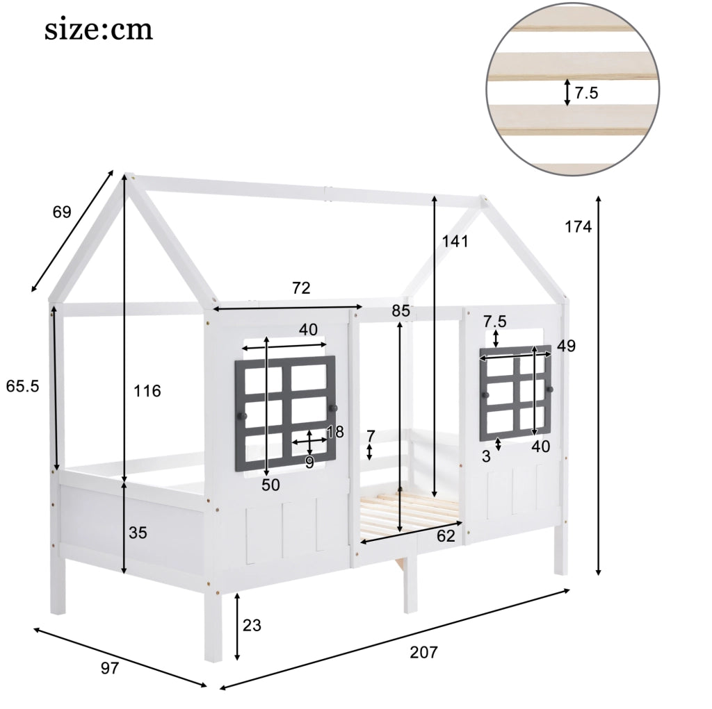 Letto a casetta 90x200 cm bianco con finestre e 2 cassetti