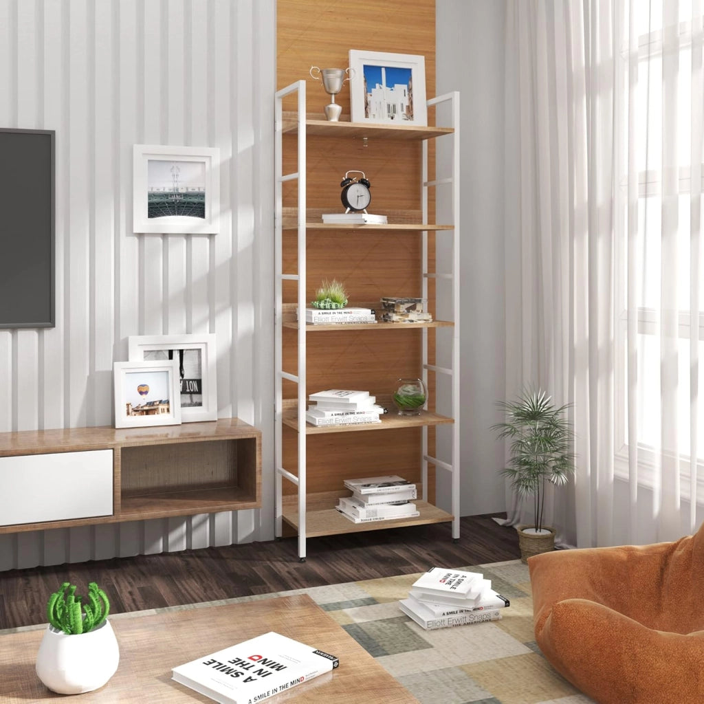 Libreria Scaffale a 5 Livelli, Libreria Verticale Struttura in Metallo per Soggiorno/Camera da Letto/Studio, 60x27,5x160cm,Bianco + Rovere chiaro