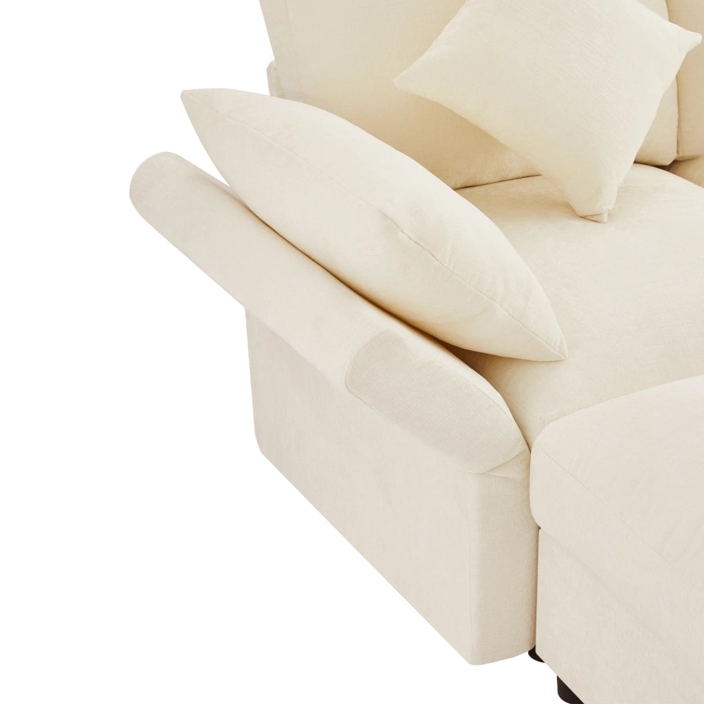 Divano ad angolo convertibile modulare con braccioli regolabili e 2 pouf in ciniglia beige