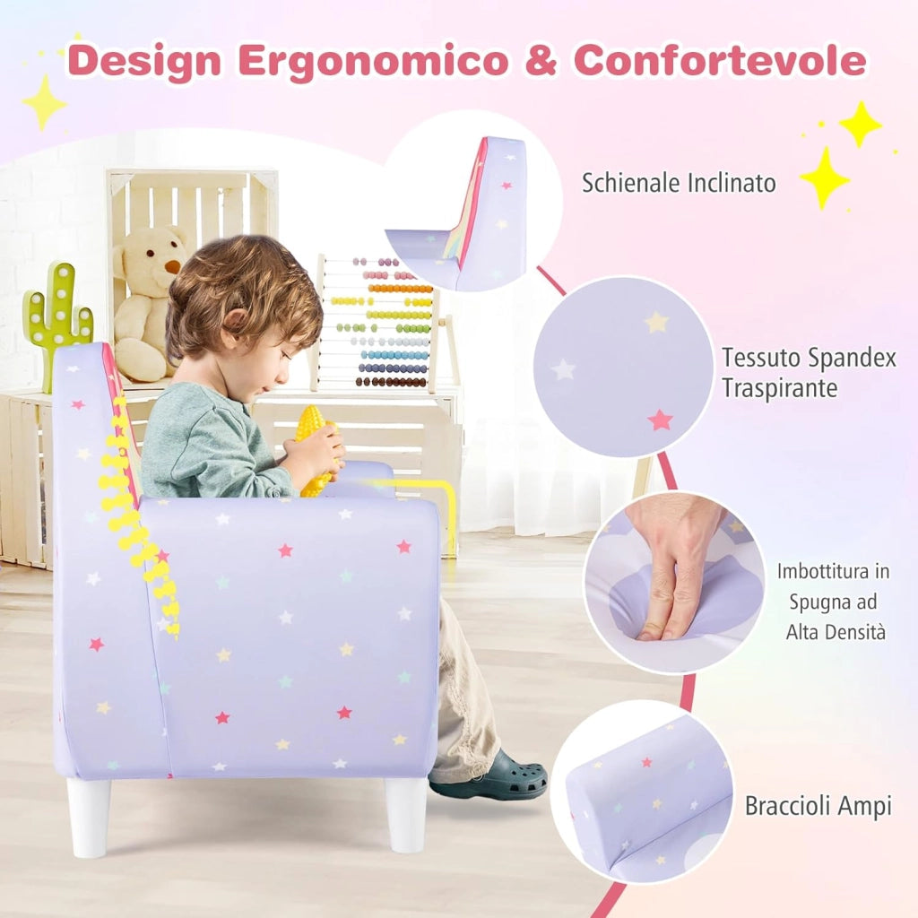 Divano per Bambini a Forma di Unicorno 55 x 40 x 55cm, Poltrona Imbottita con Tessuto Elastico Traspirante e Riempimento in Spugna, Mobile Moderno per Cameretta (Lilla)