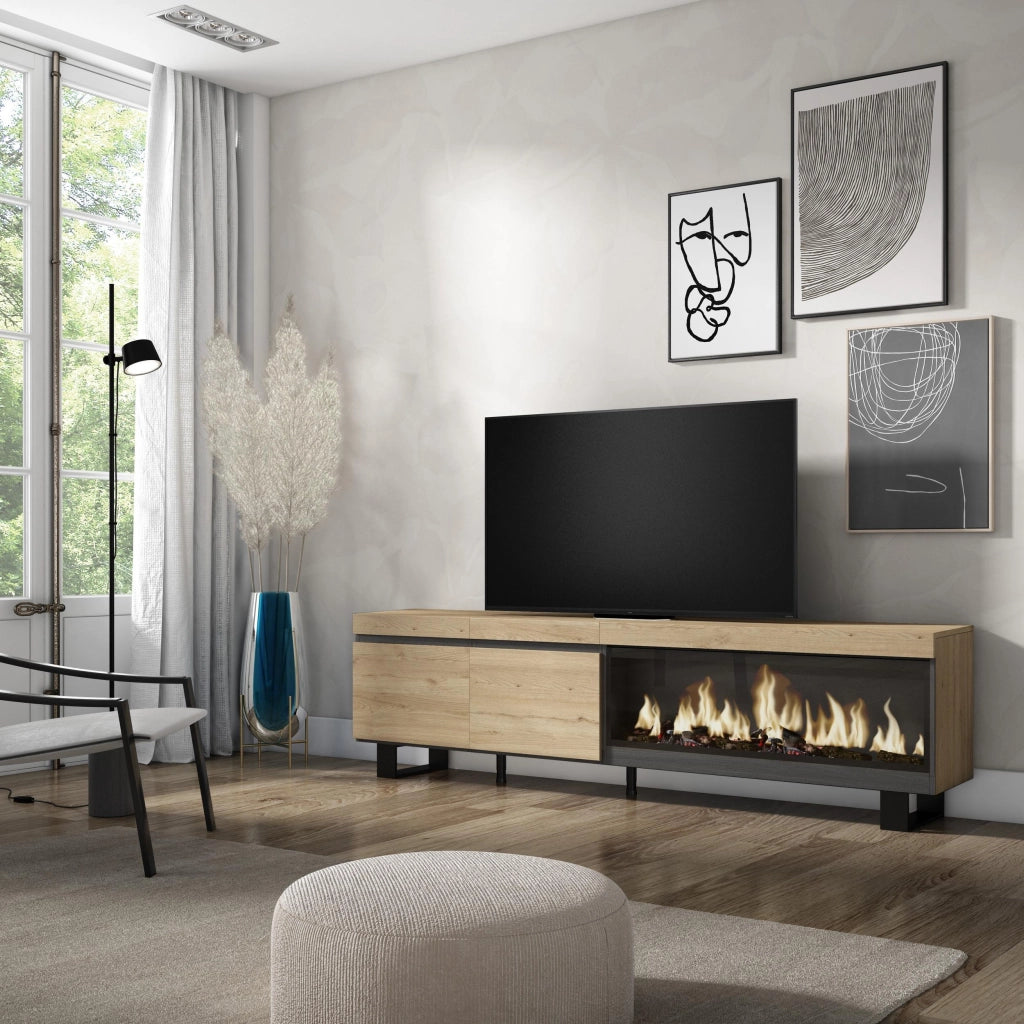 Mobile TV Soggiorno, 208x35x57cm, Per TV fino a 80", Camino elettrico XXL, Design industriale, colore Rovere RF3278