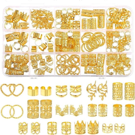 Accessori per capelli per velluti e dreadlocks, set da 190 pezzi in metallo dorato con anelli regolabili, fermagli, maniglie e clip per uomini, donne e ragazze