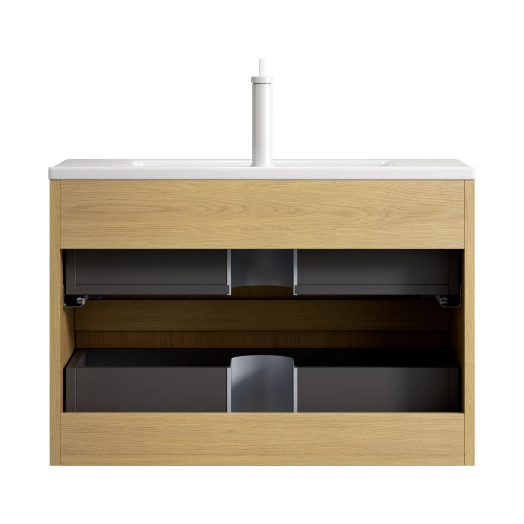 Mobile bagno sospeso con lavabo integrato in ceramica; 2 cassetti con chiusura ammortizzata; rovere e bianco