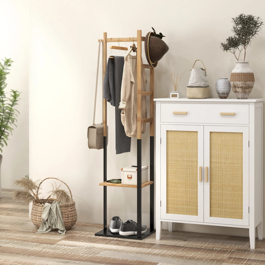 Appendiabiti a Stelo con Scaffale e Ganci ¨C Zephmum ¨C Legno Bamb¨´ e Acciaio Nero
