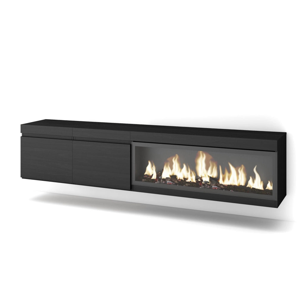 Mobile TV Soggiorno, 208x35x45cm, Per TV fino a 80", Camino elettrico XXL, da appendere, Nero RF3263