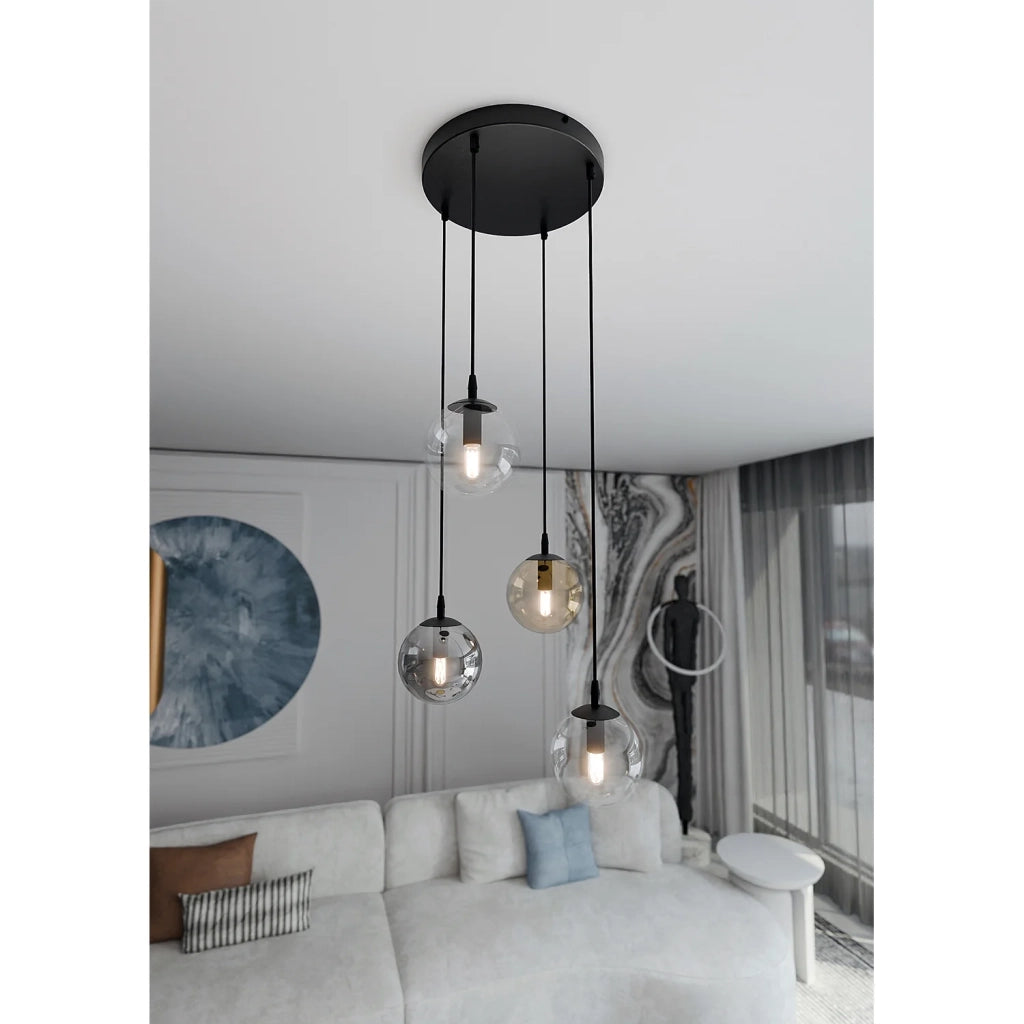 Sospensione 4 Luci Kali In Acciaio Nero Base Tonda E Sfere In Vetro Multicolor