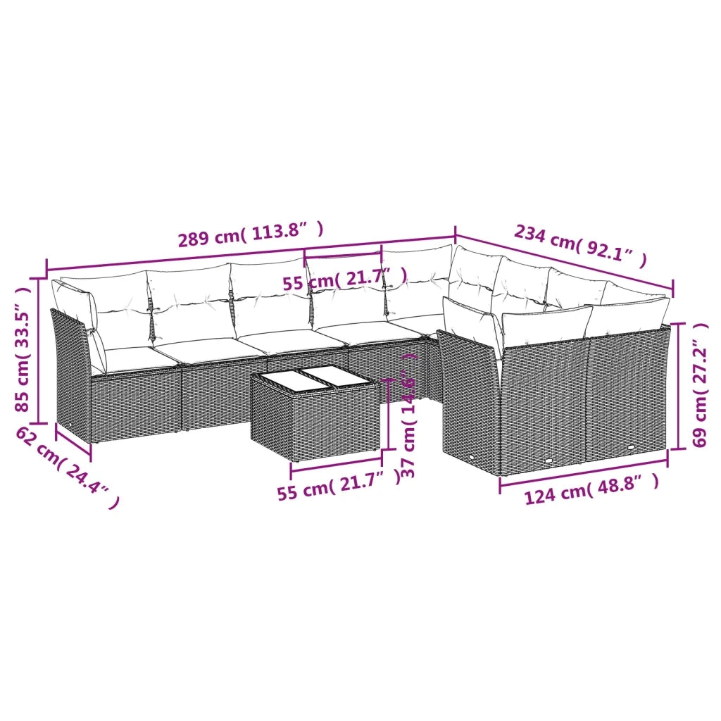 Set Divani da Giardino 10pz con Cuscini in Polyrattan Nero 3218176