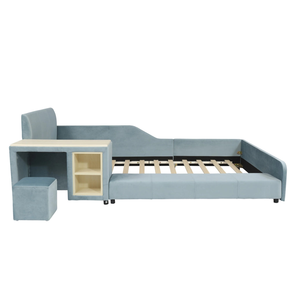 Letto singolo imbottito 90x200 cm con scrivania laterale e sgabello; velluto blu