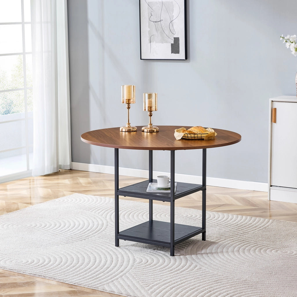 Tavolo da pranzo rotondo con doppio ripiano, 2-4 posti, in MDF effetto noce e metallo nero, per soggiorno, 107 cm