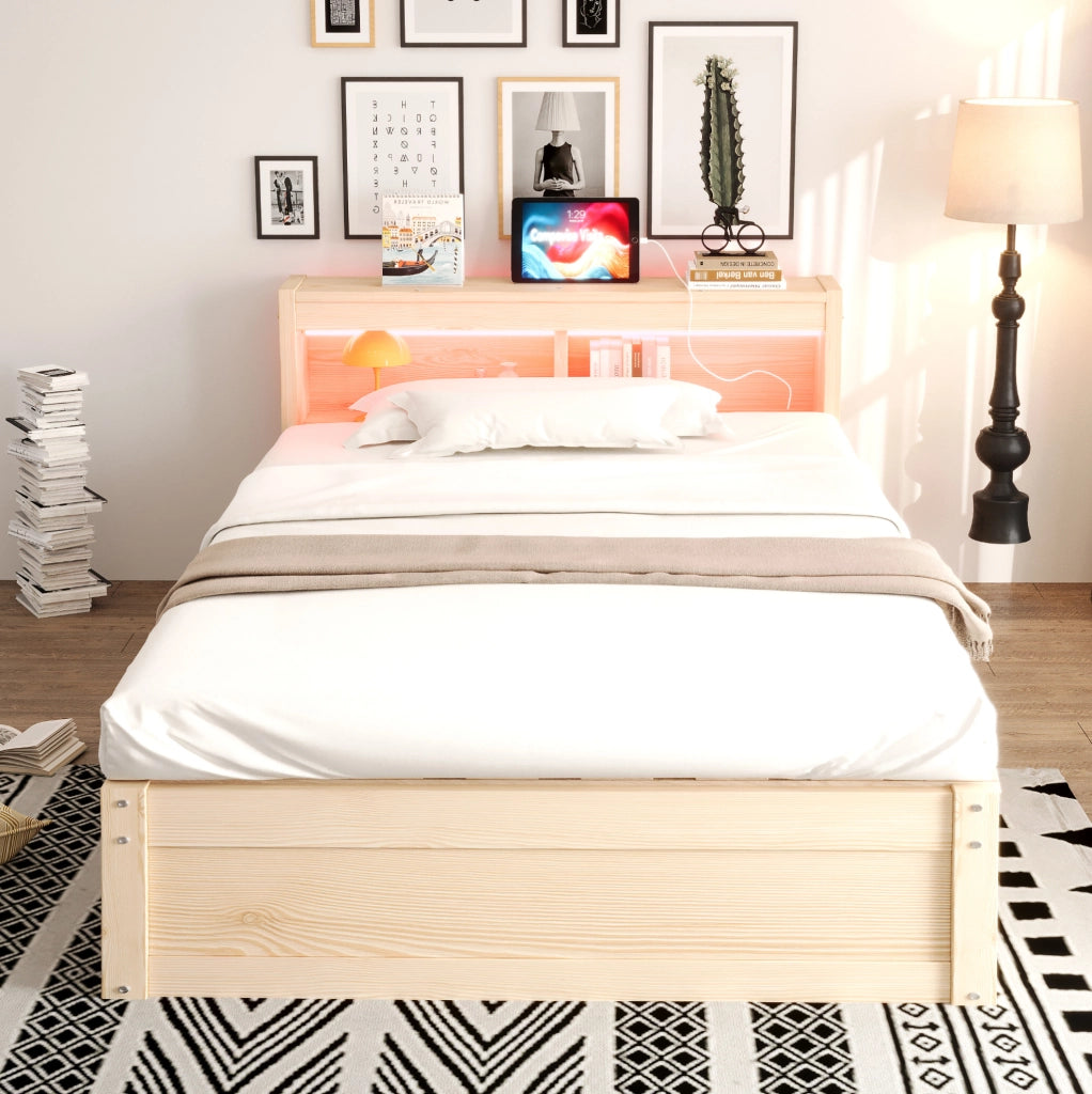 Letto singolo multifunzione 90x200 cm in MDF color legno con LED; presa e contenitore